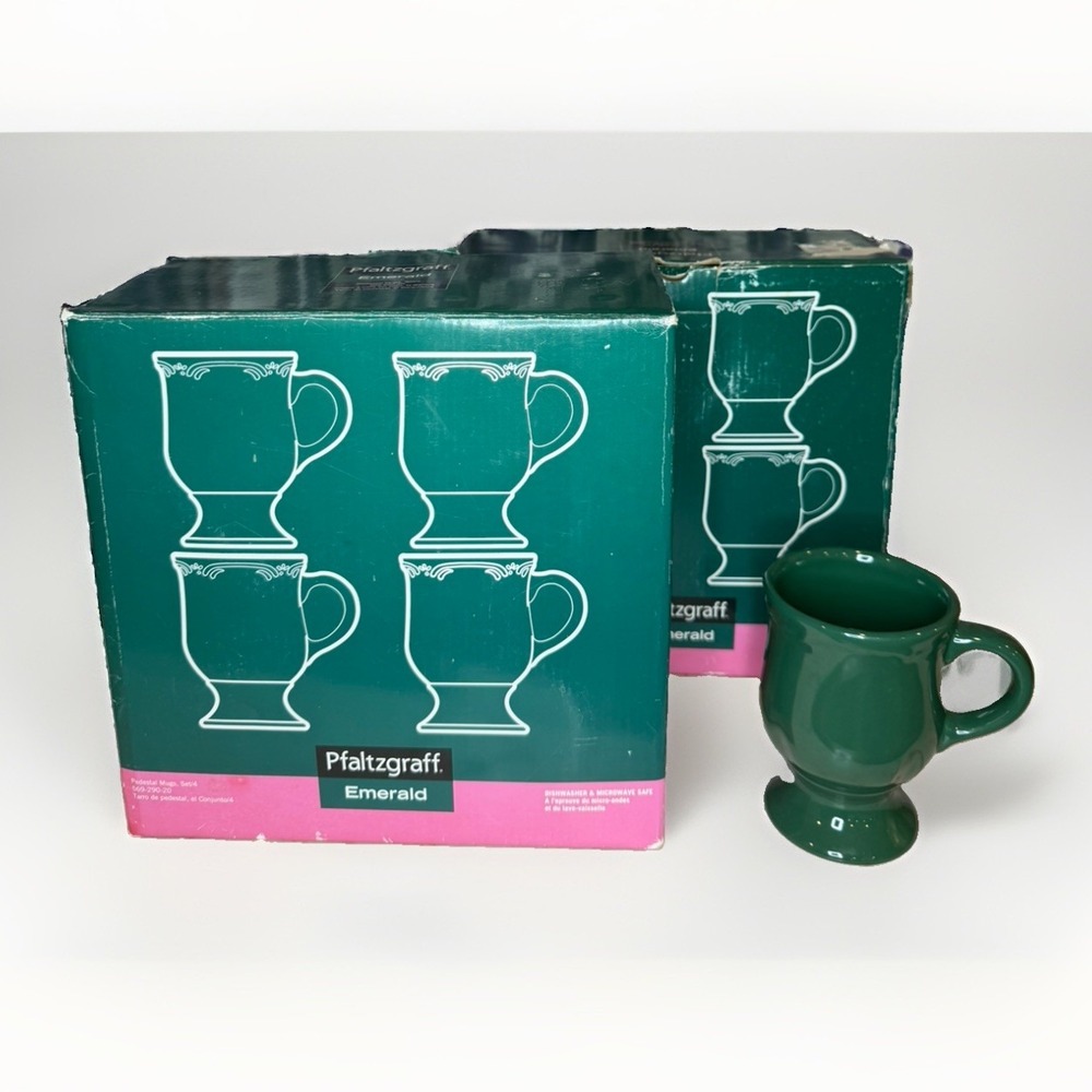 NEW (4) Pfaltzgraff Emerald Green Pedestal Mugs Coffee Cups 569-290-20  RARE